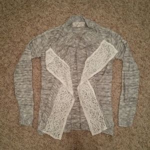 Grey and white knit cardigan with lace